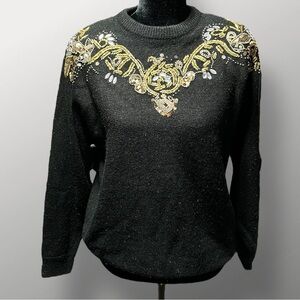 Vintage Alfred Dunner Black Gold Embellished Sweater L Holiday Party Glam